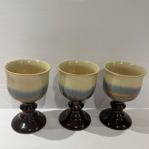Hand crafted OTAGIRI original Japan goblets 3/set. Brown-blue-beige. 3” wide